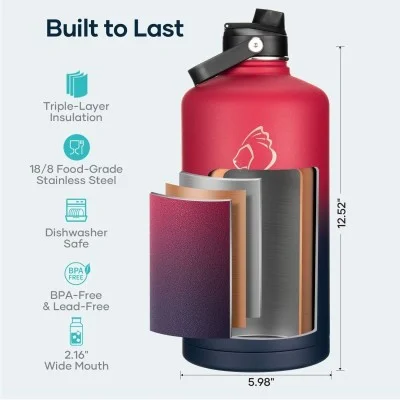 Buzio Duet Series Gallon Bottle with 2 Lids and Sleeve 3.8L - Ruby Red Navy